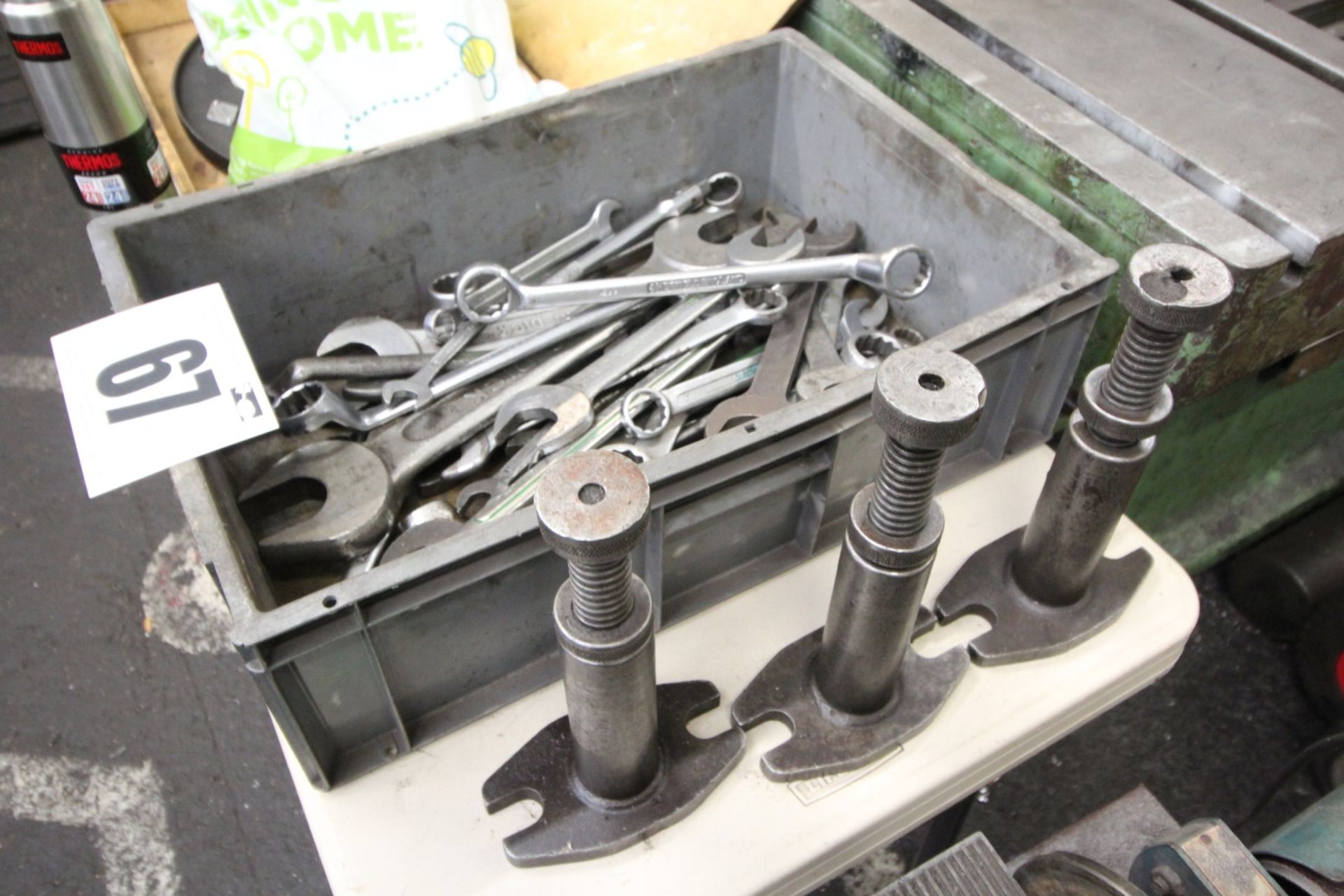 GREY PLASTIC BOX & CONTENTS OF LARGE SIZE SPANNERS & 3 THREADED CLAMPS
