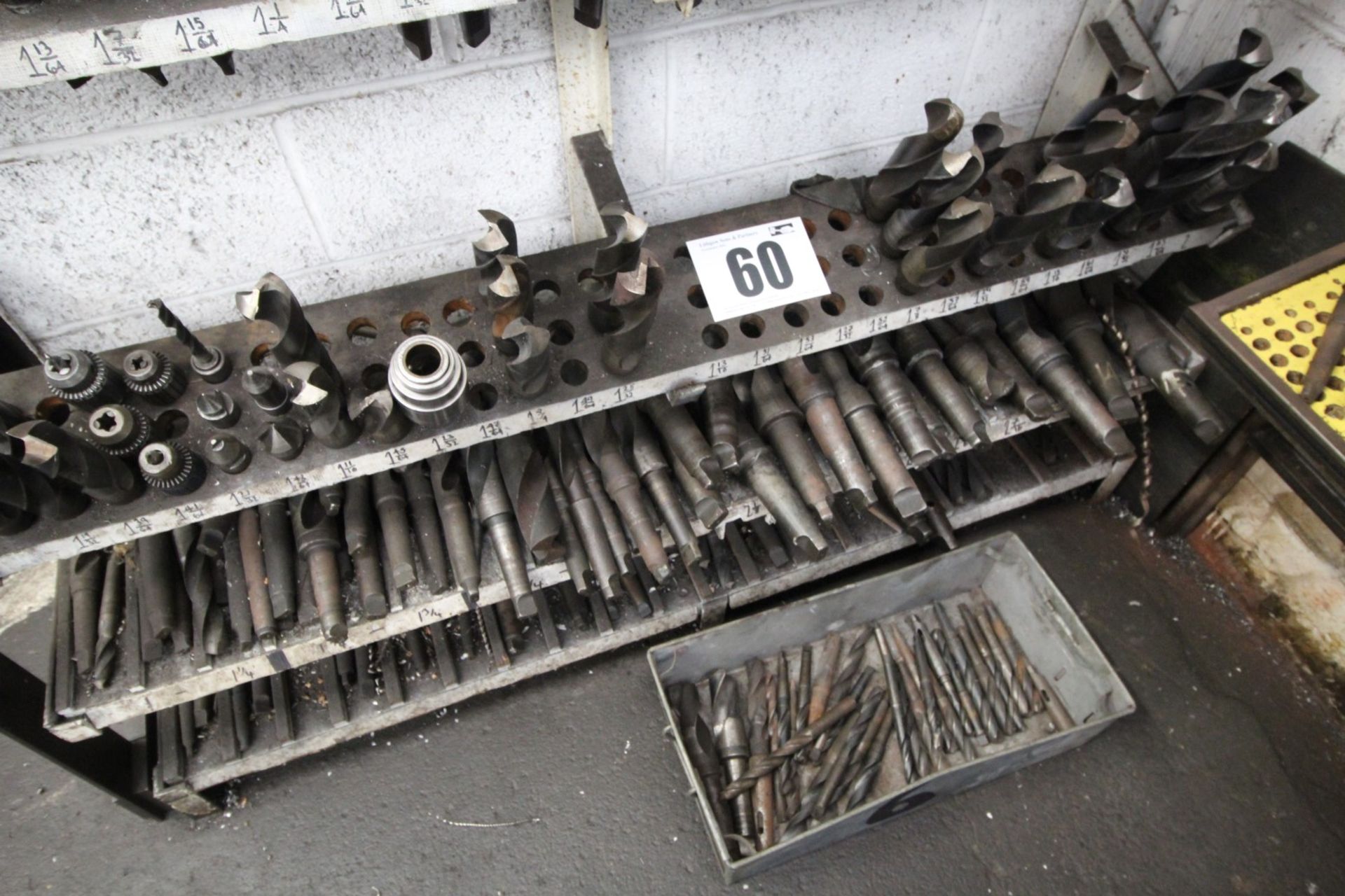 BOTTOM 3 SHELVES OF RACK OF LARGE TAPERSHANK DRILL BITS & GALVANISED BIN OF SMALL SIZE TAPERSHANK