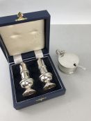 Pair of Hallmarked Silver Boxed Salt & pepper shakers by B & Co and a Hallmarked silver Mustard with