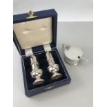 Pair of Hallmarked Silver Boxed Salt & pepper shakers by B & Co and a Hallmarked silver Mustard with