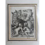 Woodcut by Amman (Jost) depicting Romulus & Remus with Wolf. Label verso reads "Original woodcut