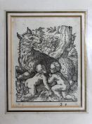Woodcut by Amman (Jost) depicting Romulus & Remus with Wolf. Label verso reads "Original woodcut