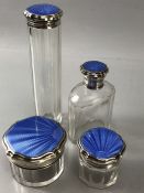 Silver hallmarked Birmingham Glass Silver and Blue enamel dressing table set of bottles and pots (