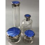 Silver hallmarked Birmingham Glass Silver and Blue enamel dressing table set of bottles and pots (