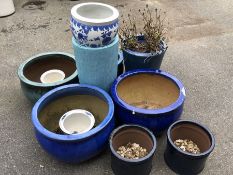 Collection of ten mostly blue Garden Pots