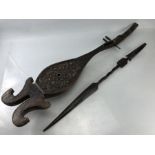African wooden mandolin (approx 91cm long) and a African carved throwing spear