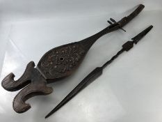 African wooden mandolin (approx 91cm long) and a African carved throwing spear
