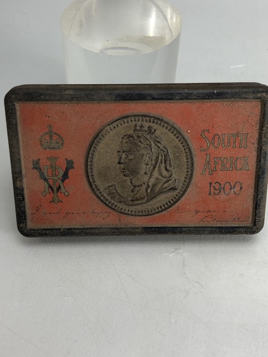 Late Victorian Boer War chocolate tin of rectangular form, embossed to the centre with a profile