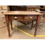 Pine console / hall table with two drawers and brass scalloped cup handles, approx 92cm x 46cm x