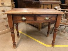 Pine console / hall table with two drawers and brass scalloped cup handles, approx 92cm x 46cm x