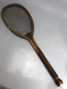 Sports Tennis interest: Slazengers `The Demon` wooden tennis racket with fish tail handle.