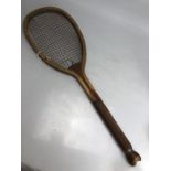 Sports Tennis interest: Slazengers `The Demon` wooden tennis racket with fish tail handle.