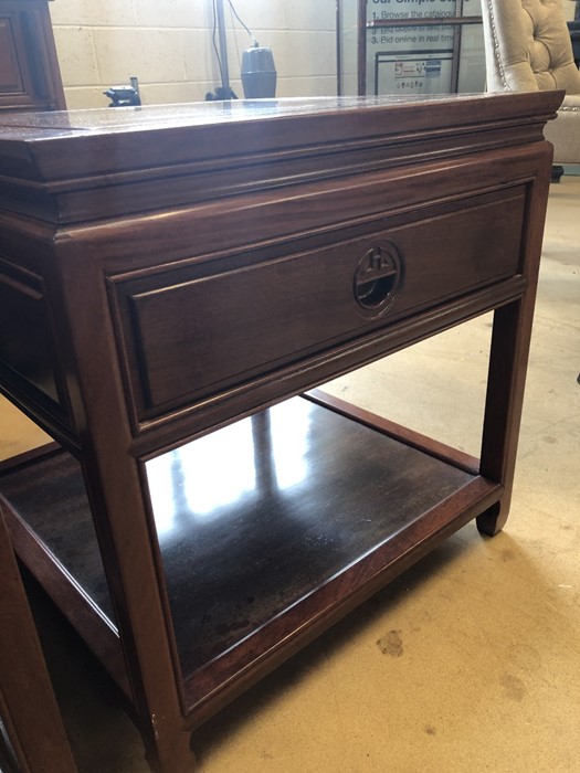 Pair of Imported Chinese rosewood side tables with carved detailing, drawer and shelf under, - Image 6 of 7