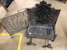 Antique fire grate with incorporated fire back, two fire dogs and a wrought iron mesh fire screen