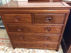 Imported Chinese rosewood chest of five drawers with carved cup handle detailing, approx 96cm x 48cm