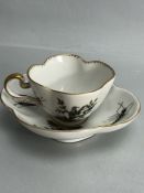 Meissen quatrefoil cup and saucer, painted with birds and insects Letter R to bases
