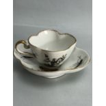 Meissen quatrefoil cup and saucer, painted with birds and insects Letter R to bases