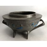 Pewter & Enamel urn with Blue applied enamel and twin handles in the Arts & Crafts style