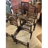 Set of six spindle back, rush seated dining chairs to include one carver