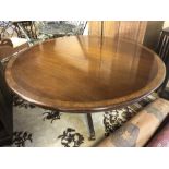 Large Victorian pedestal dining table on brass castors with walnut detailing, approx 165cm in
