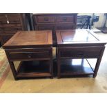 Pair of Imported Chinese rosewood side tables with carved detailing, drawer and shelf under,