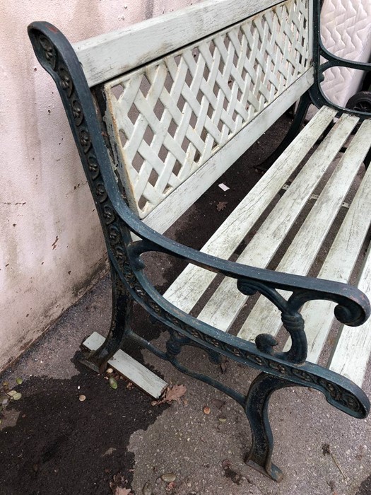 Garden Bench with Wrought iron ends and back painted in green with a similar coloured Garden pot - Image 2 of 5