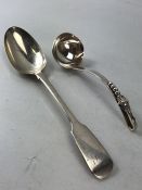 Hallmarked London Silver serving spoon and a silver ladle marked Sterling (total weight approx