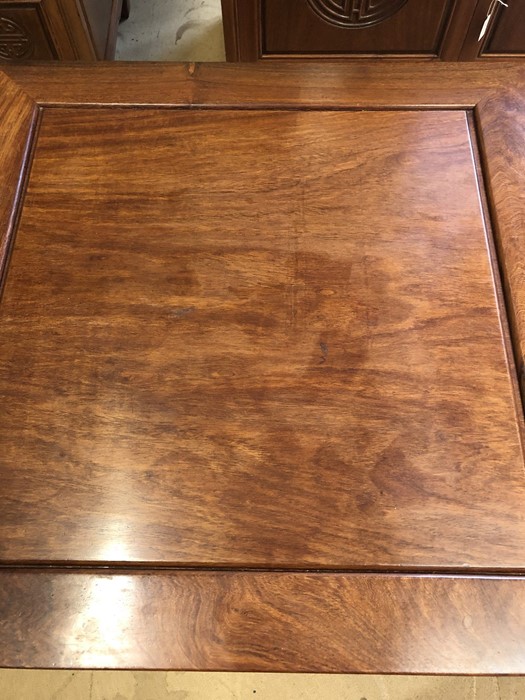 Pair of Imported Chinese rosewood side tables with carved detailing, drawer and shelf under, - Image 4 of 7