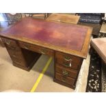 Knee hole desk with four drawers per pedestal and central drawer all with ornate brass handles and