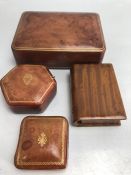 Three fine Italian made leather boxes and a treen snuff box styled as a book