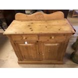 Small pine sideboard with carved upstand, two drawers and cupboard under, approx 91cm x 41cm x