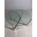 Circular, glass-topped, Mid Century style coffee table with chrome base, approx 76cm in diameter