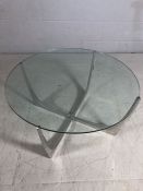 Circular, glass-topped, Mid Century style coffee table with chrome base, approx 76cm in diameter