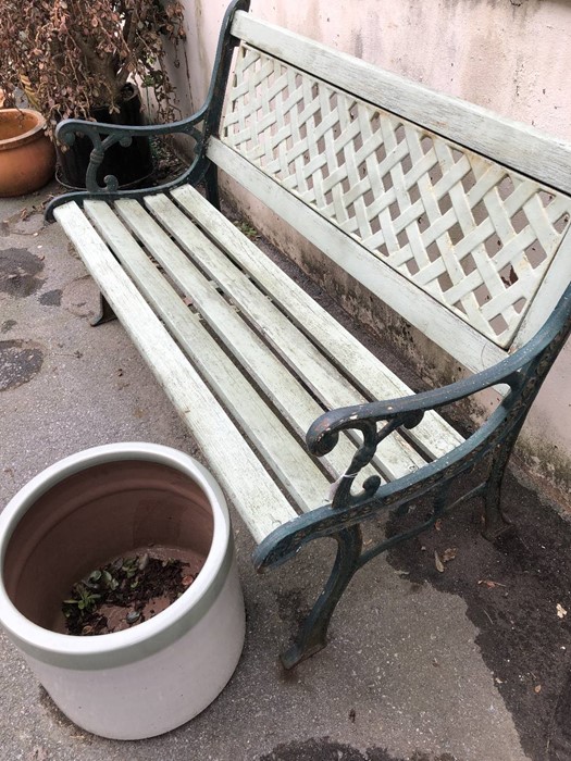 Garden Bench with Wrought iron ends and back painted in green with a similar coloured Garden pot - Image 3 of 5