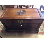 Imported Chinese rosewood carved coffer with brass detailing, approx 100cm x 50cm x 60vm