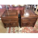 Pair of Imported Chinese rosewood low cupboards / side tables with carved detailing and drawer and