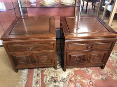 Pair of Imported Chinese rosewood low cupboards / side tables with carved detailing and drawer and