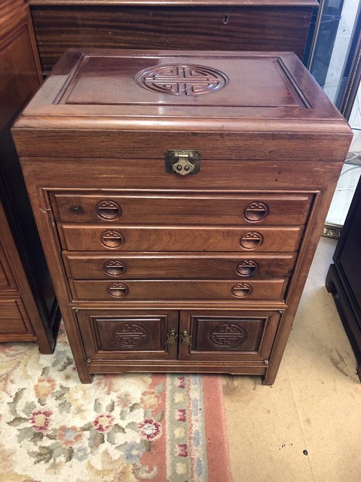 Imported Chinese rosewood cutlery stand, upper lid to cutlery compartment, four drawers and small