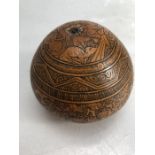 Vintage Peruvian carved Gourd, intricate carving of men animals houses etc