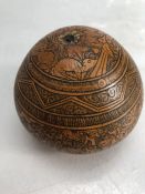 Vintage Peruvian carved Gourd, intricate carving of men animals houses etc