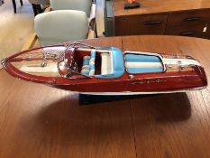 Ornamental model of a Riva-style speedboat on stand, approx 90cm in length