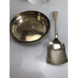 Hallmarked silver items: A silver pin dish and silver spoon/shovel (approx 51g)