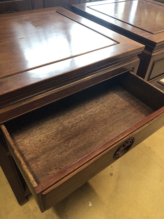 Pair of Imported Chinese rosewood side tables with carved detailing, drawer and shelf under, - Image 7 of 7