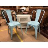 Pair of vintage style blue painted chairs and a white painted meat safe