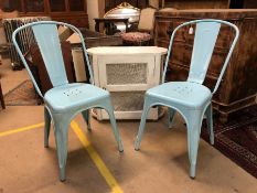 Pair of vintage style blue painted chairs and a white painted meat safe