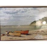 Watercolour painting of Boats on Beer beach Devon signed lower right