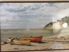 Watercolour painting of Boats on Beer beach Devon signed lower right