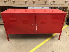 Modern red vintage style metal cupboard with two keys and inner shelves