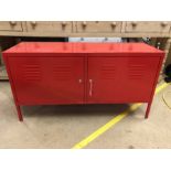 Modern red vintage style metal cupboard with two keys and inner shelves