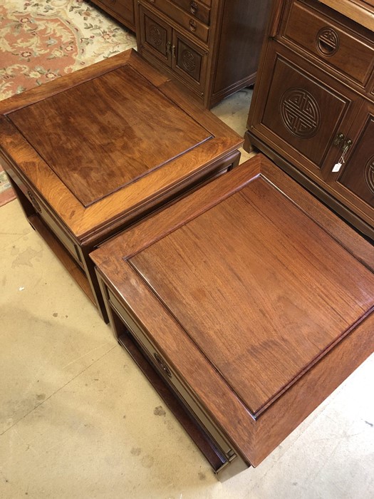 Pair of Imported Chinese rosewood side tables with carved detailing, drawer and shelf under, - Image 2 of 7